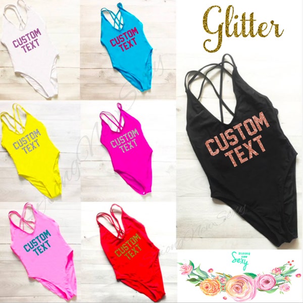 Custom Swimsuit. bathing suit. Swimsuit. One Piece Swimsuit. Custom Text Personalized swimwear. Many wording colors option. Bride .