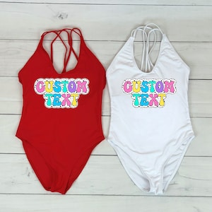 Custom Text Swimsuit, Birthday Party Swimsuit, OnePiece Swimsuit, Birthday Gift, Customized Swimsuit, Bride Swimsuit, Bachelorette Swimsuits