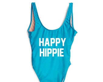 Happy Hippie Bathing Suit. Bachelorette Swimsuit. One Piece. Happy Hippie Swimsuit. Beach Bathing Suit. Fun Bathing Suit.