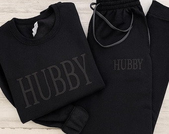 Embossed HUBBY Sweatshirt, Black Tone-on-Tone Unisex Groom Bride Gift, Honeymoon Loungewear, Anniversary Couple Top,