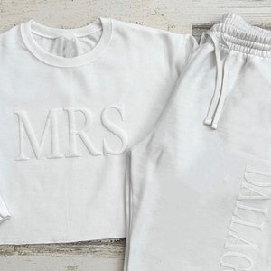 Mrs. Unisex Raw Edge Cropped Sweatshirt, Bridal Gifts, Mrs Custom Wedding Gift, Joggers Couples, Honeymoon Outfit, Embossed Mrs Tracksuit
