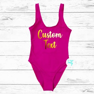 Custom Swimsuit. Custom Text Personalized swimwear. Personalized One Piece Swimsuit. Bachelorette Swimsuit. Squad Swimsuit. Bridesmaid Swim.
