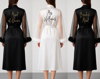 Bridal Party Feather Robes, Personalized Bridesmaid Robe with Name, Custom Tulle Sleeve Dressing Gown for Wedding Morning, Honeymoon Outfit
