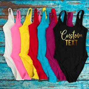 Personalized swimwear. Bathing suit. 022821-9 Bride Swimsuit. Bachelorette Swim. Glitter. Personalized One Piece Swimsuit. Custom Text.