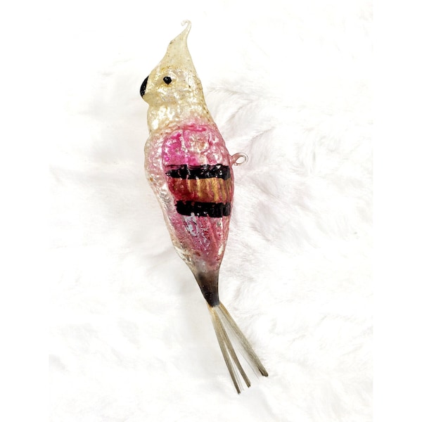 Antique German Cockatoo Bird Spun Tail Annealed Hook Glass Christmas Ornament