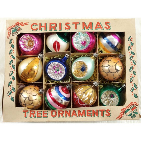 Vintage Poland Fantasia Mica Indent Teardrop Glass Christmas Ornaments Box of 12