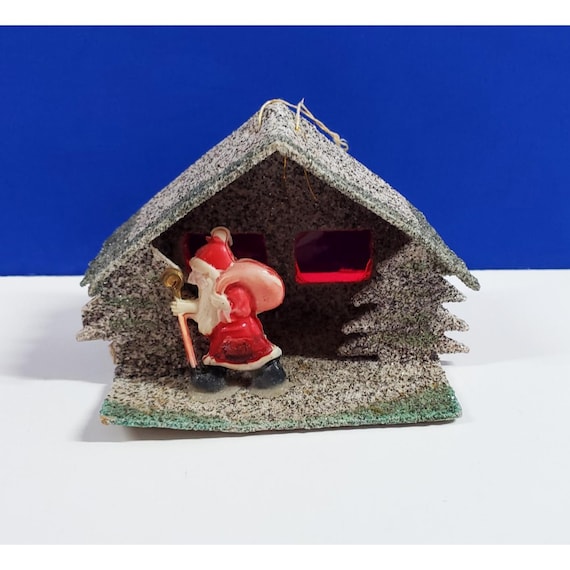 Vintage Christmas Putz Cardboard Mica House Celluloid Santa with Toy Bag Japan