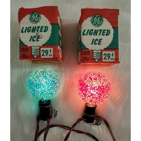 2 GE Lighted Ice Snowball Sugar Christmas D30 C7 Light Bulbs Tested Box Vintage