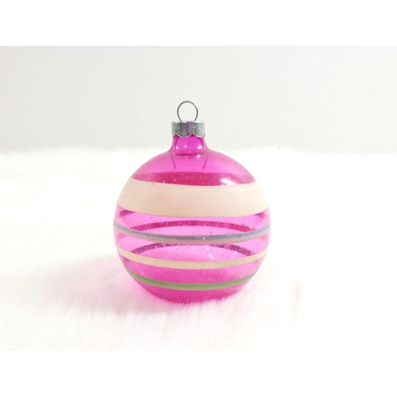 Vintage Shiny Brite WWII Unsilvered Pink Stripe Glass Ball Christmas Ornament