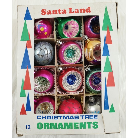 12 Vintage Santa Land Poland Mica Indent Teardrop Ball Glass Christmas Ornaments