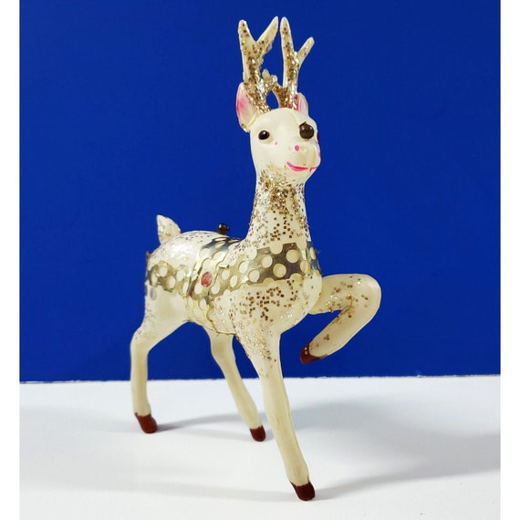 Vintage Japan Celluloid Reindeer Gold Glitter Mercury Glass Christmas Figurine