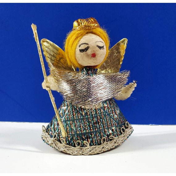 Vintage Spun Cotton Face Angel Fairy God Mother Silver Gold Christmas Ornament