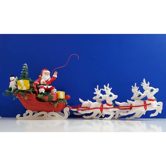 Vintage Christmas MCM Santa Sleigh and 4 Reindeer Blow Mold Plastic Tabletop 19”