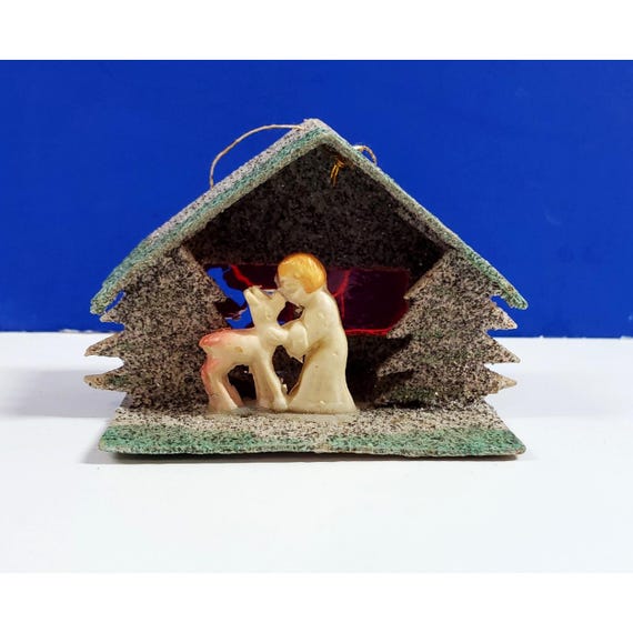 Vintage Christmas Putz Cardboard Mica House Celluloid Angel wtih Reindeer Japan