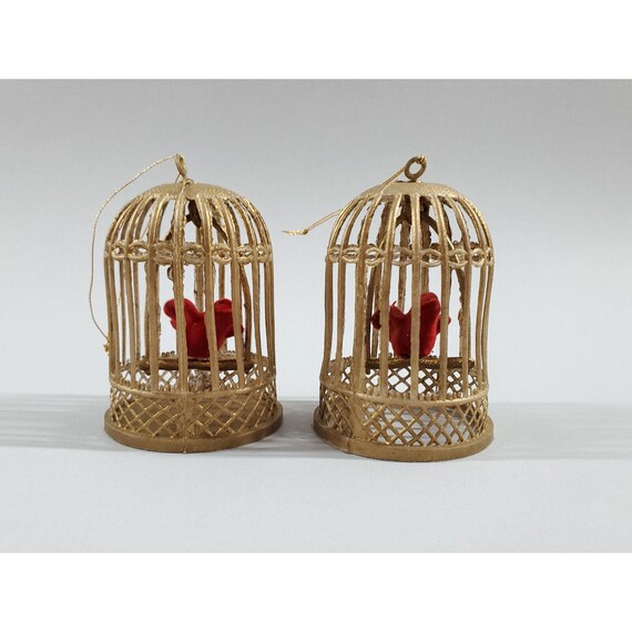 2 Vintage Gold Plastic Bird Cage w Red Flocked Bird Christmas Ornament Dollhouse