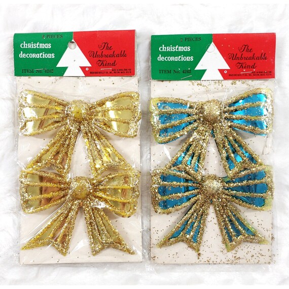 4 Vintage Bradford NOS Foil Glitter Blue Gold Bow Ornament Package Tie-On