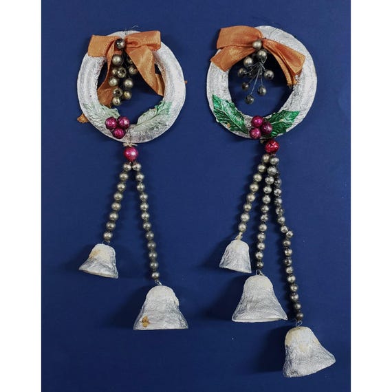 2 Vintage Foil Wreath Mercury Glass Bead Garland Paper Mache Bell Christmas Ornament