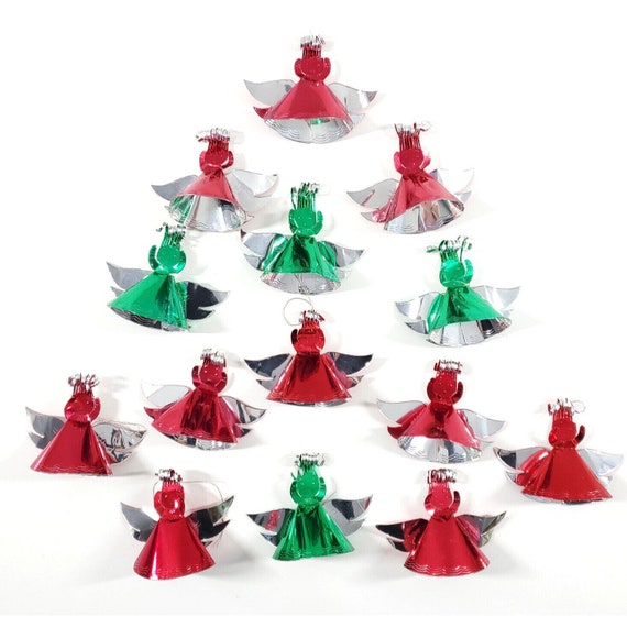 14 Vintage Atomic MCM Red Green Aluminum Foil Angel Christmas Ornaments