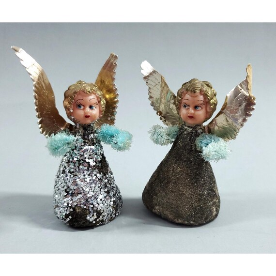 Vintage MCM Angel Putz Style Plastic Face Chenille Christmas Ornaments Gold