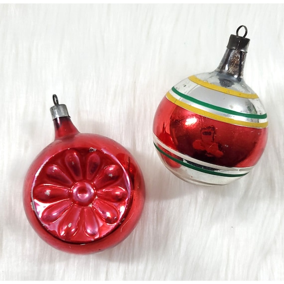 2 Vintage Premier Red Double Indent Stripe Ball Glass Christmas Ornaments