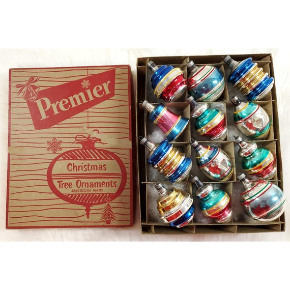 Box 12 Vintage Premier Atomic Lantern Finial Indent Bell Glass Christmas Ornaments