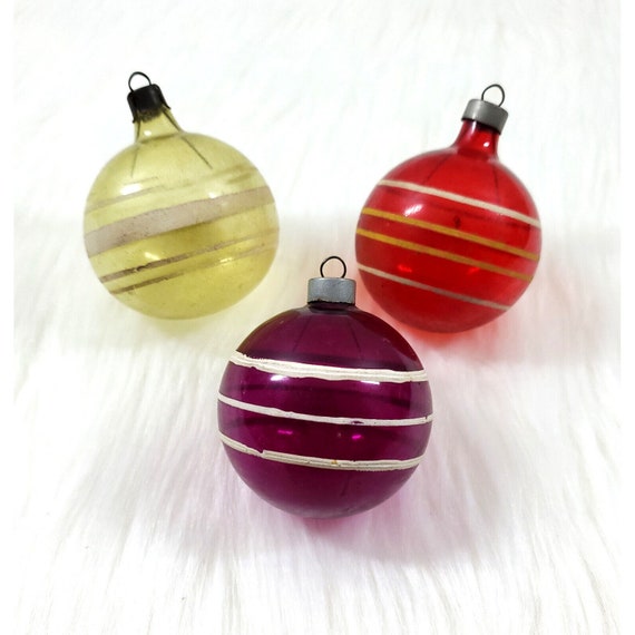 3 Vintage WWII Premier Unsilvered Stripe Purple Red Glass Christmas Ornaments