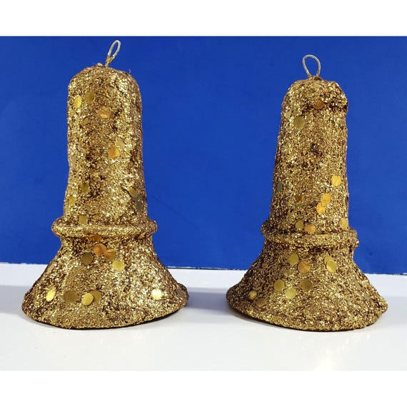 2 Vintage Japan Gold Glitter Paper Mache Bell Christmas Holiday Ornaments 4"