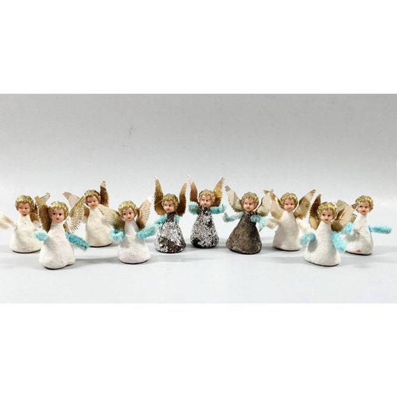 10 Vintage Paper Mache Mica Glitter Plastic Head Chenille Christmas Angel Ornaments