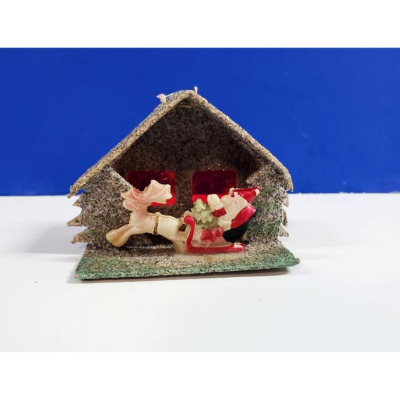VTG  Christmas Putz Cardboard Mica House Celluloid Santa Reindeer Sleigh Japan