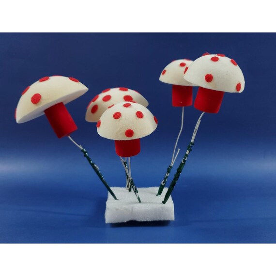 5 VTG Japan Flocked Red White Polka Dot Mushroom Christmas Floral Pick Ornaments