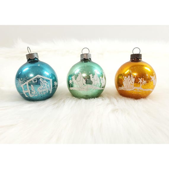 3 Vintage Shiny Brite Nativity Scene Wisemen Stencil Glass Christmas Ornaments