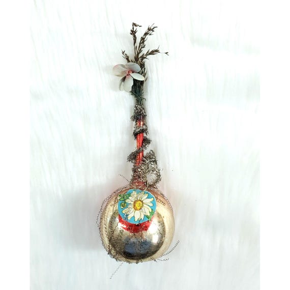 Antique Victorian German Wire Wrapped Fabric Flower Glass Vase Ornament