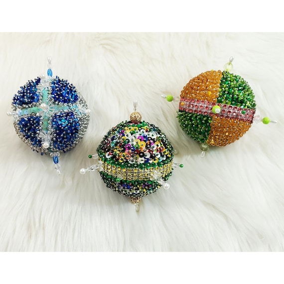 Vintage Handmade Push Pin Sequin Beaded MCM Christmas 3 Large Ornaments