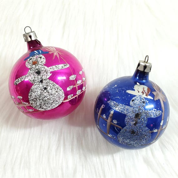 2 Vintage Poland Hand Painted Glass Snowman Blue Pink Mica Christmas Ornaments