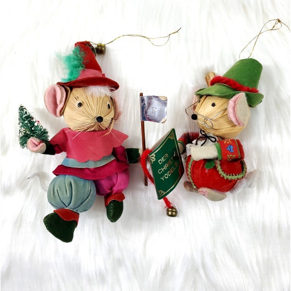 2 Vintage Kurt Adler Corn Husk Mouse Mice Caroler Christmas Ornaments