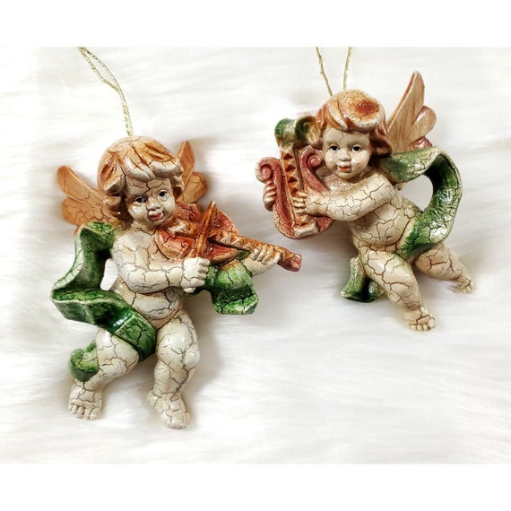 2 Vintage Baroque Style Angels w Music Instruments Christmas Ornaments