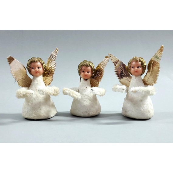 3 Vintage MCM Angel Putz Style Plastic Face Chenille Christmas Ornaments White