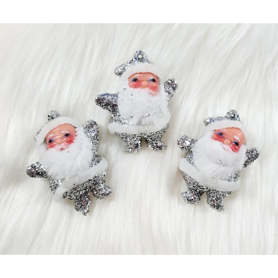 3 Vintage Silver Glitter Disco Santa Claus Mini Miniature Christmas Ornaments 2"