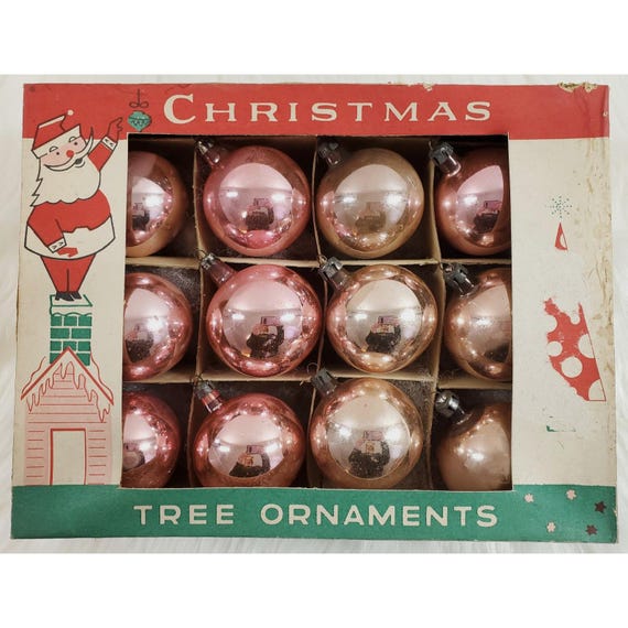 Vintage MCM Poland Fantasia Pink Ball Glass Christmas Ornaments Box of 12
