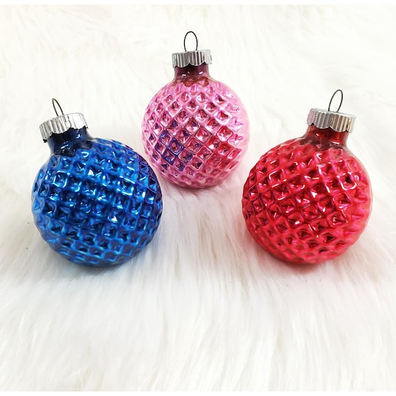 3 Vintage Shiny Brite Pink Blue Bumpy Waffle Golf Ball Glass Christmas Ornaments