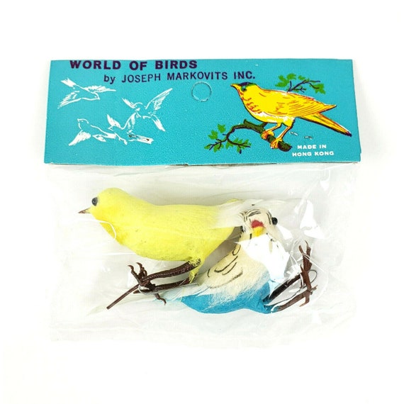 Vintage NOS World of Bird Joseph Markovits 2 Yellow Finch Blue Feather Christmas