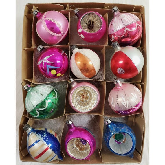Vintage Poland Fantasia Mica Indent Teardrop Glass Christmas Ornaments Box 12