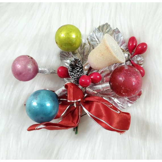 Vintage Christmas Corsage Mercury Multi Color Glass Ball Sugar Bell Foil Leaf