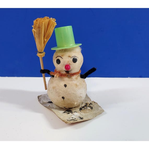 Vintage Japan Putz Spun Cotton Chenille Snowman Broom Top Hap Christmas Figure