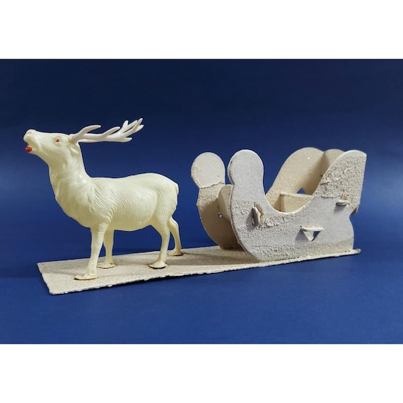 Vintage Putz Mica Santa Claus Sleigh with Celluloid Reindeer Christmas Display