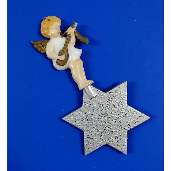 Vintage German Celluloid Angel Cherub on Star Musician Guitar Christmas Ornament