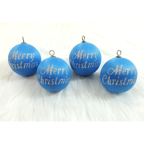 4 Vintage Blue Satin Glitter Merry Christmas Ball Ornaments