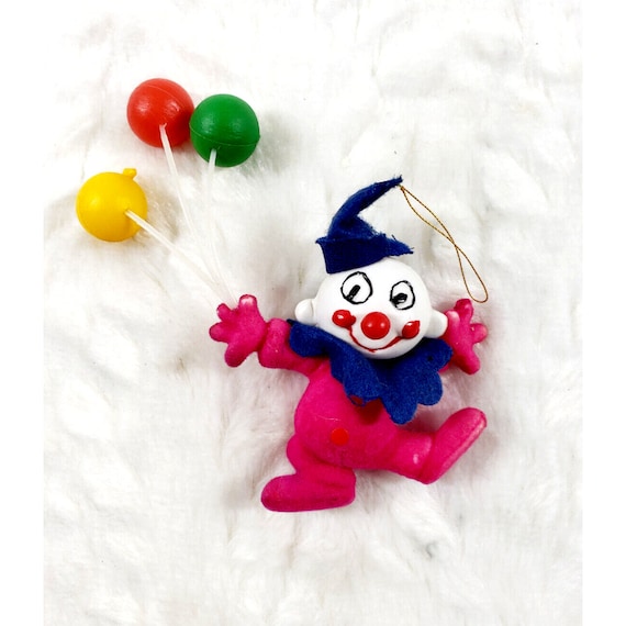 Vintage Flocked Hot Pink Creepy Clown Holding Balloons Kitsch Christmas Ornament