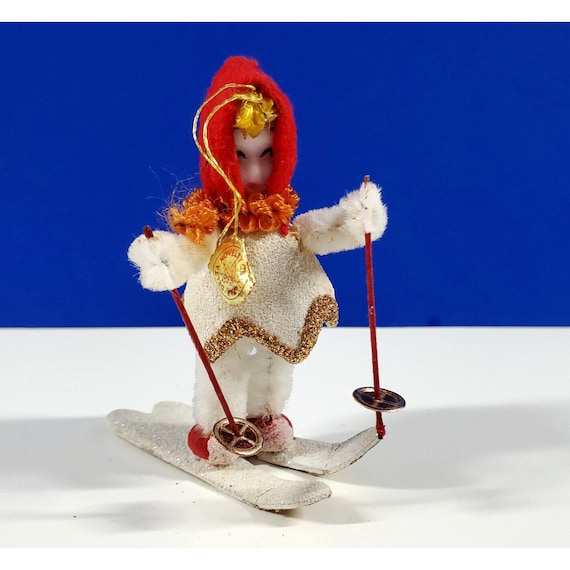 Vintage Delta Japan Pixie Girl Putz Chenille Red Skier Christmas Ornament w Tag