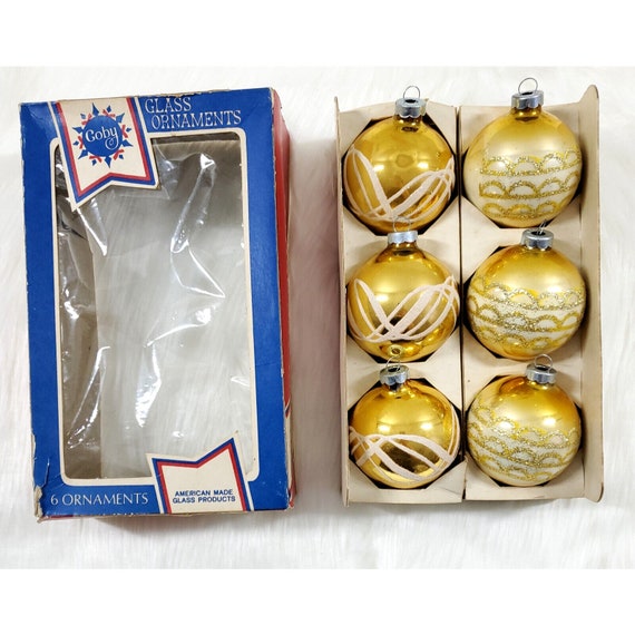 6 Vintage Coby Gold Glitter Stencil Mercury Glass Ball Christmas Ornaments w Box